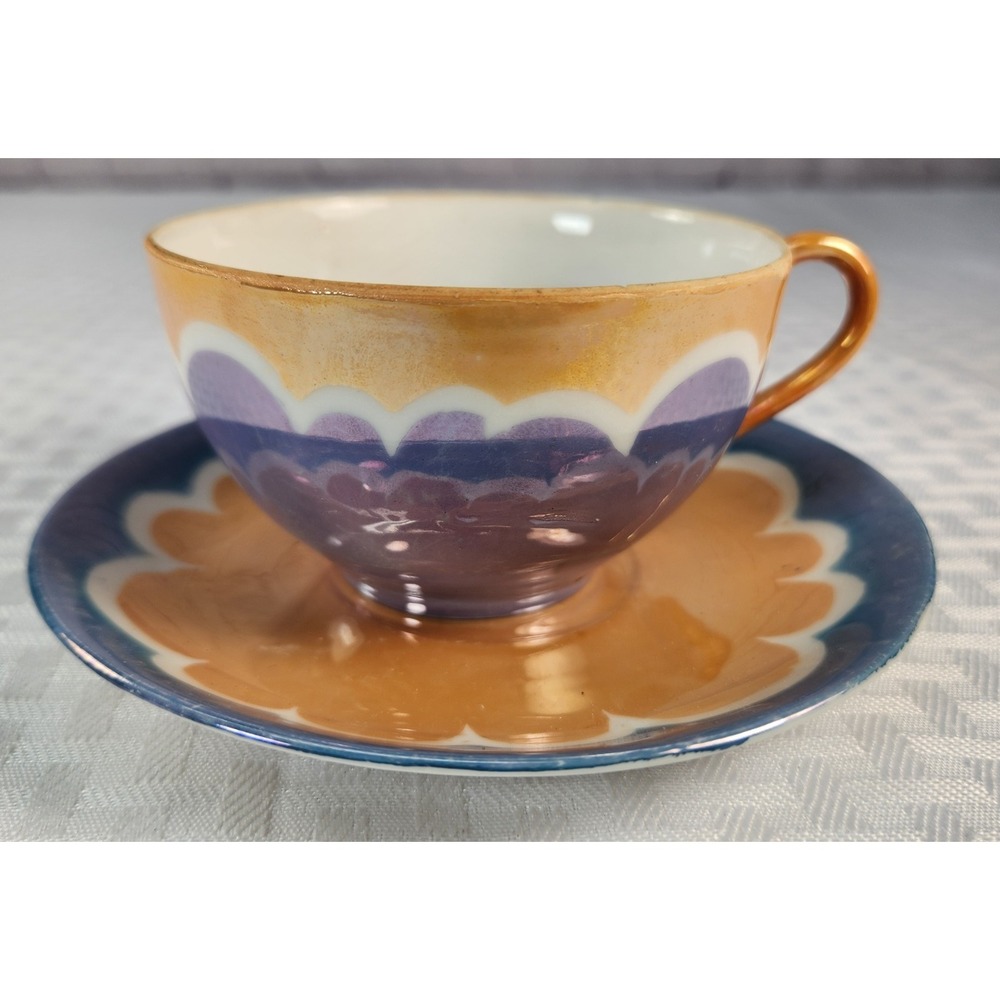 HAND PAINTED JAPAN GOLD & BLUE IRIDESCENT BONE CHINA CUP & SAUCER VINTAGE SET